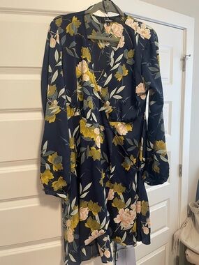 Lulu's Navy/Teal Floral Wrap Dress with Yellow & Olive Blooms